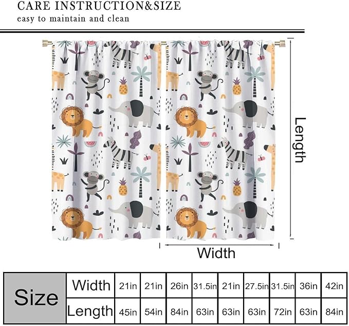 Cute Cartoon Animals Curtains Tropical Jungle Animals Elephant Giraffe Monkey Lion Modern Abstract Aesthetics for Kids Boys Bedroom Nursery Rod Pocket Decoration Window Drapes 2 Panels W36xL63in