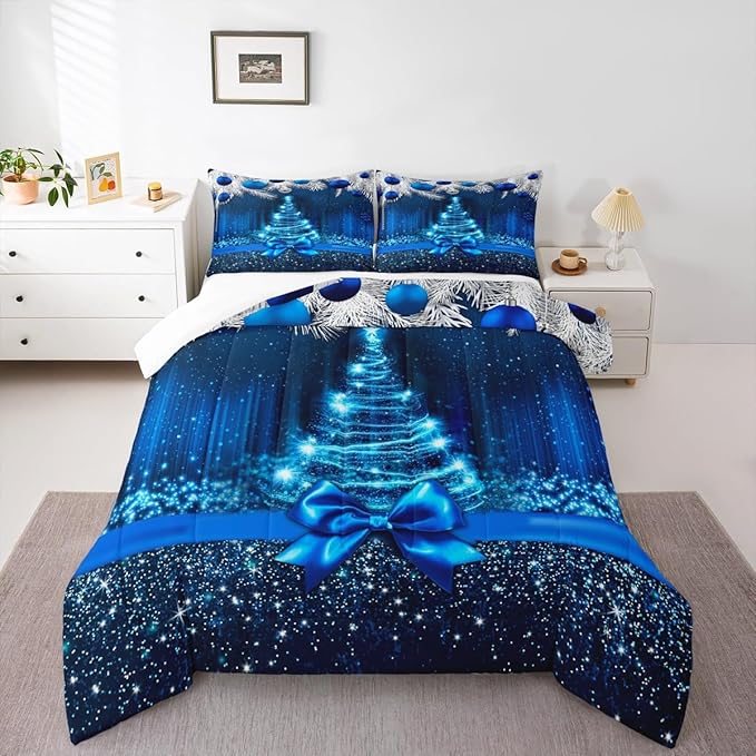 Merry Christmas Kids Comforter Set King Size,Snowflake Christmas Tree Bowknot Bedding Set,Girls Boys Adults Xmas Decor,Blue Gradient Line Glitter Down Comforter,Romantic Duvet Insert,2 Pillowcases