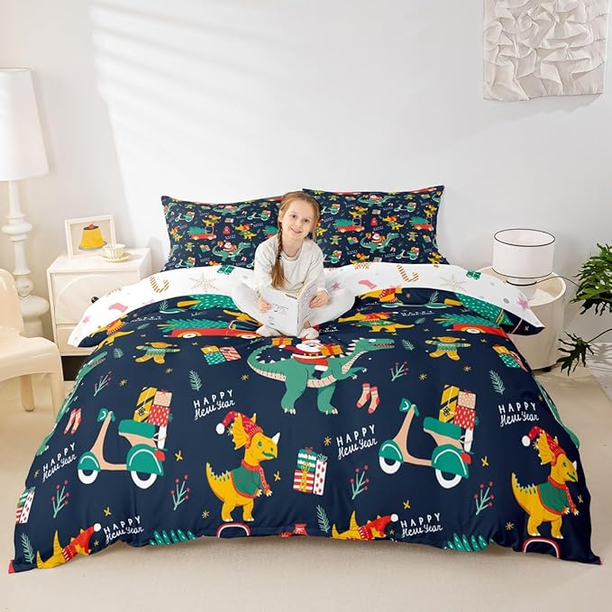Christmas Bedding Set Cartoon Santa Claus Christmas Tree Comforter Cover for Kids Teens Cute Dino Race Cars Duvet Cover Breathable Gingerbread Man Bedspread Cover Room Decor Quilt Cover King Size