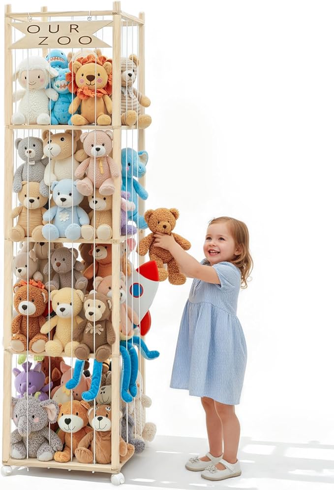 OurWarm Stuffed Animal Storage & Organizer, 68.5 Inch Large Wooden Zoo Stuffed Animal Holder with Wheels, Kids Toy Storage Organizer for Nursery Storage, Toddler Rooms, Playrooms, Bedroom Organization