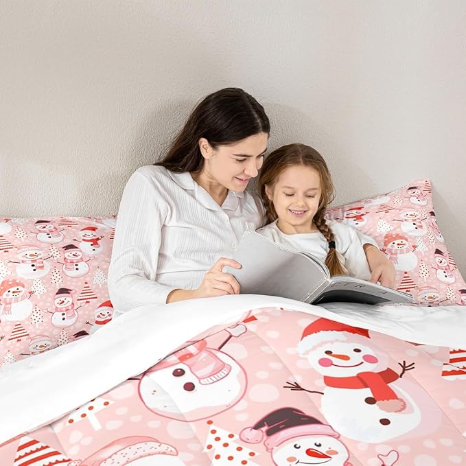 Manfei Christmas Comforter Set King Size, Snowman and Xmas Trees Down Comforter with 2 Pillowcases, New Year Pink Bedding Set 3pcs for Kids Girls Adults Bedroom Decor Lightweight Duvet Insert