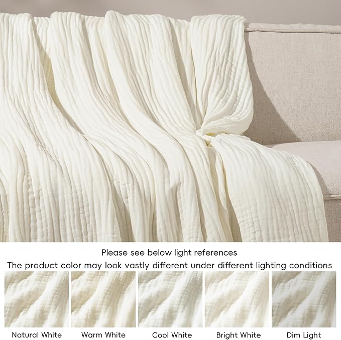 PHF Cooling Muslin Blanket Queen Size 90"x80", 6-Layer Lightweight Gauze Blanket Made from 35% Rayon Derived from Bamboo & 65% Cotton, Breathable & Ultra Soft Cozy, Aesthetic Home Decor, Snow White