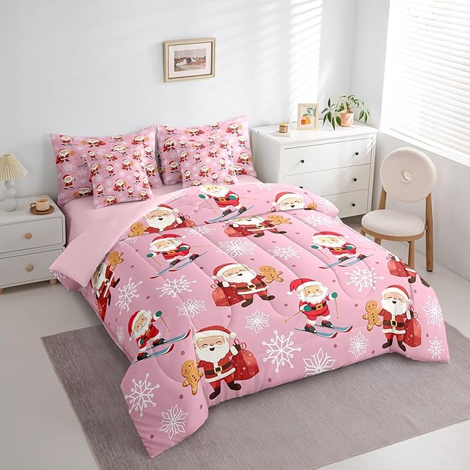 Erosebridal 7Pcs Cute Santa Claus Comforter Set Full Size,Xmas Gingerbread Bedding Set for Kids Boys Girls,Christmas Snowboard Snowflake Bed in A Bag,Pink Christmas Quilt with Flat Fitted Sheet