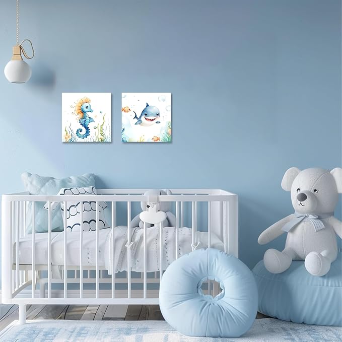 2 Piece Ocean Sea Canvas Wall Art for Nursery Decor - Cute Baby Seahorse Shark Underwater Paintings Pictures Ocean Theme Sea Life Posters Prints for Kids Room Bathroom Decor(Artwork-02, 24"x24"x2P)