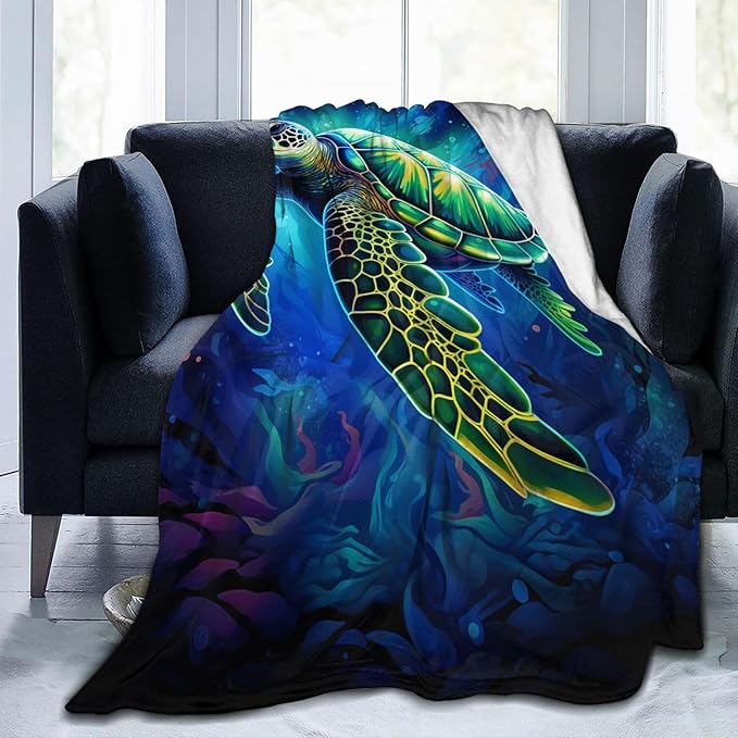 Sea Turtle Blue Blanket Turtles Shell Waves Flannel Throw Blankets for Home Decor Couch Bed Sofa Soft Fuzzy Lightweight Gifts for Kids Adults 60x50 Inches