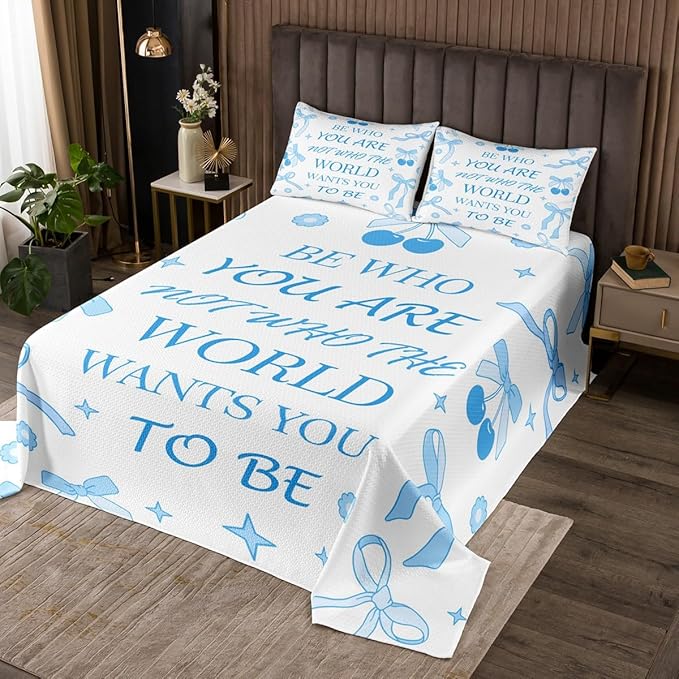 Blue Bowknot Kids Bedspread Twin Size,Cherry Tropical Fruit Cartoon Princess Coverlet Set,Girls Women Room Decor,Bow Tie Stars Daisy Cute Quilted Coverlet,Blue Dreamy Bedding Quilt,1 Pillowcase