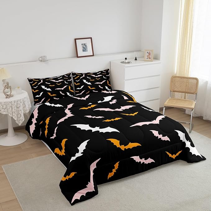 Erosebridal Bat Bedding Set Happy Halloween Comforter Set Toddler Size for Kids Boys Bedroom Pink and Orange Bat Quilt Gothic Spooky Style Duvet Insert with 1 Pillow Case