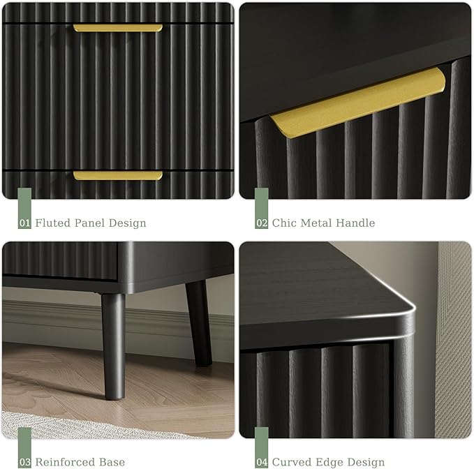 LYNSOM Fluted Dresser and Nightstand Sets 2 Piece, 2-Drawer Nightstands and 6-Drawers Dresser, Wood Bedroom Furniture Set for Home, Bedroom, Hallway, Black