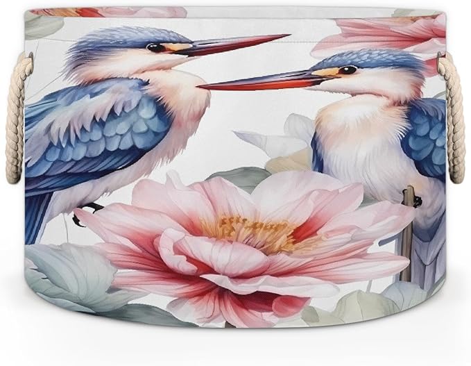 Watercolor Bird Flower Round Storage Basket for Laundry & Toys, Lightweight Fabric Laundry Hamper with Handles, Foldable Large Organizer Bin for Bedroom Bathroom Nursery Dorm