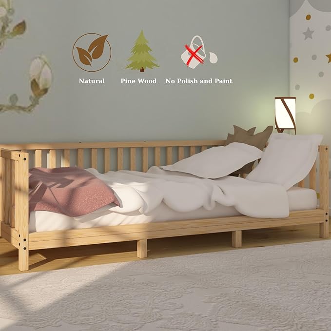 Montessori Floor Bed Designed with Open Front and Footed Model for Girls and Boys | Pine Wood Natural Solid Frame Beds with Slats | Sturdy Designed Floor Bed Frame for Kids (Full, Height : 23 Inches)