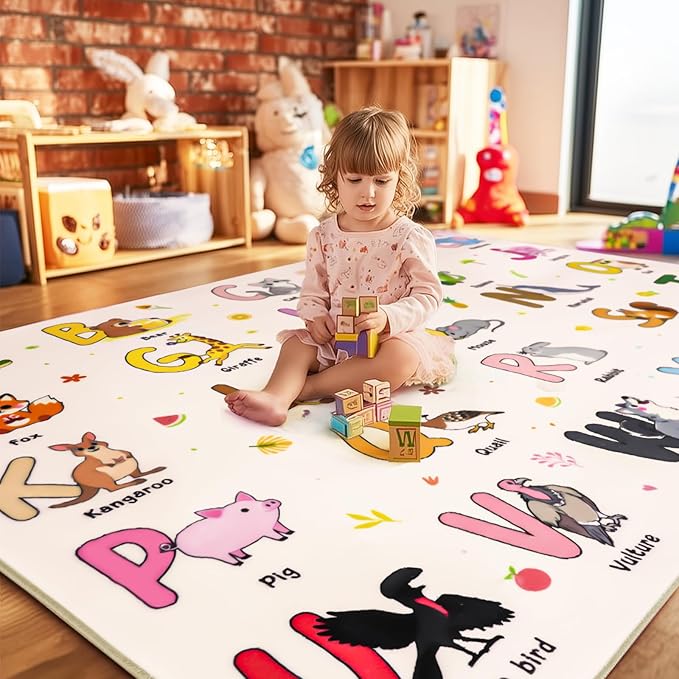 Kids Rugs for Playroom, 5x7 Feet Educational Rug for Learn The ABC Alphabet, Soft Machine Washable Non-Slip Cute Cartoon Animals Carpet for Classroom Toddler Nursery Kids Room Decor, Beige