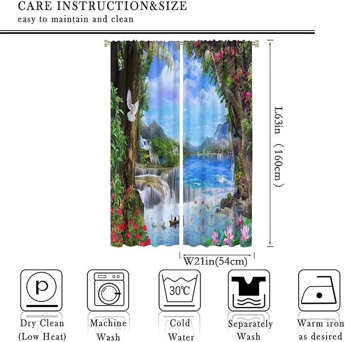 Spring Jungle Waterfall Blackout Window Curtains, Tropical Rainforest Floral Tree Waterfall Landscape Print Window Drapes, for Living Room Bedroom 42x63in 2 Panels