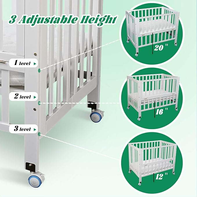 Foldable Mini Baby Crib - Portable 4-in-1 Convertible Baby Cribs,Pine Wood Bedside Bassinet,3 Heights Bassinet Bedside Sleeper with A Sponge Mattress,Wheeled,White