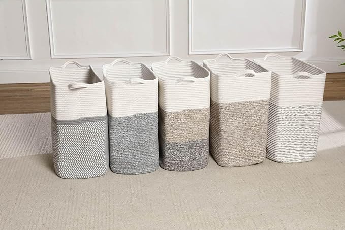 Tall Laundry Basket With Handles,Woven Cotton Rope Big Laundry Hamper Sorters,Versatile Storage for Dirty Clothes,Baby Toys,and Blankets in Bathroom, Nursery,and Living Room (White/Black Line, 50L)