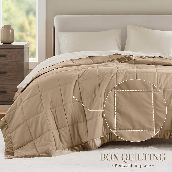 Madison Park Windom Down Alternative Blanket, Premium 3M Scotchgard Moisture Wicking Treatment, Lightweight and Soft Bed Cover For All Season, Satin Trim, Brown Full/Queen