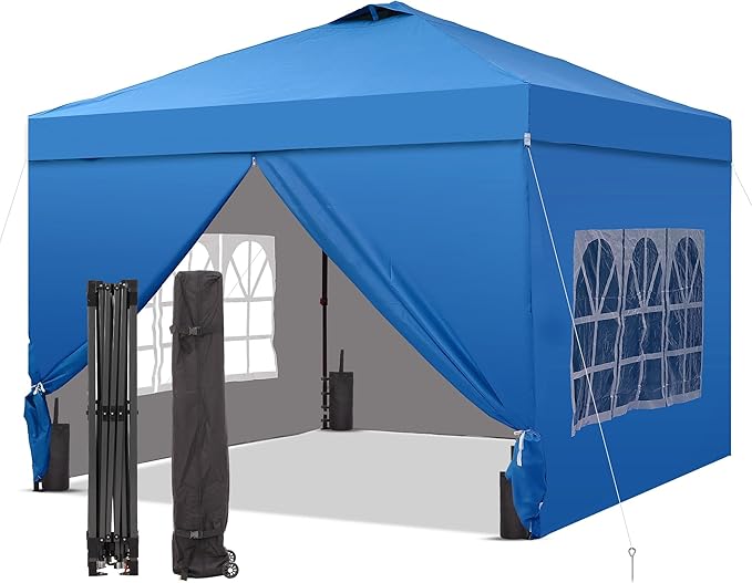 GDY 12x12 Pop Up Canopy Tent with 4 Sidewalls, Easy Set up with One Push Lift Outdoor Silver Coated Beach Gazebos, Carpas for Pool, Events, Parties, and Camping, Blue.