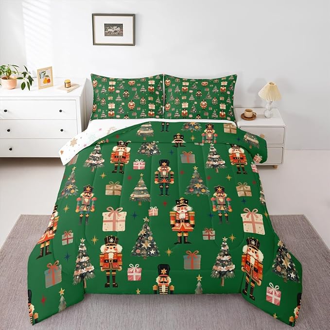 jejeloiu Xmas Nutcracker Comforter Set Twin Size Christmas Green Bedding Set for Kids Boys Girls Cute Snowflakes Duvet Quilt Bedroom Decor