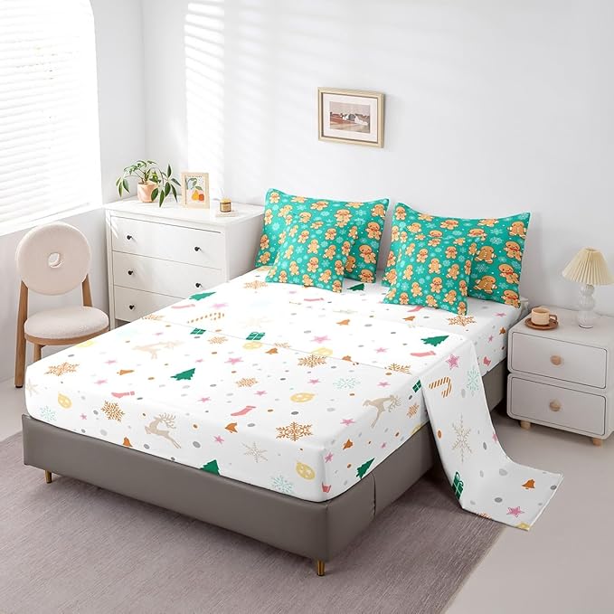 Erosebridal Christmas Gingerbread Twin Bedding Set 7 Piece,Cute Gingerbread Man Bed in A Bag for Kids,Xmas Snowflake Comforter Set Kawaii Xmas Sheet Set with Comforter,Green Christmas Decoration