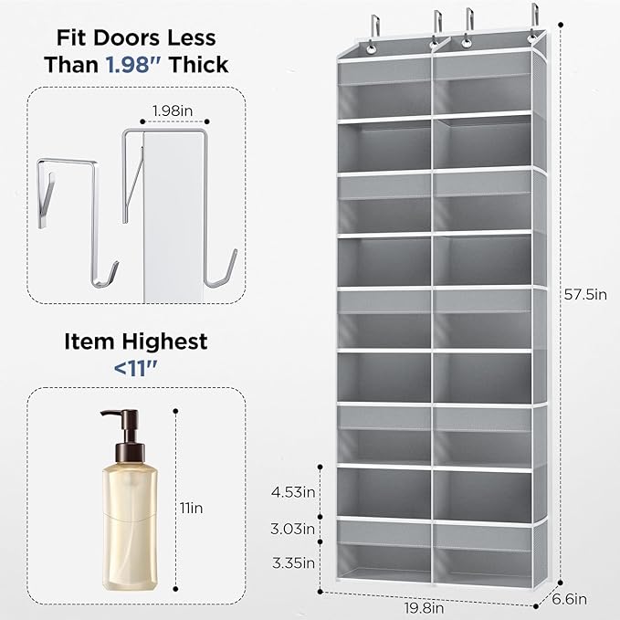 5-Tier Over The Door Organizer with 10 Side Mesh Pockets & Clear Windows, 80 lb Weight Capacity Hanging Storage for Bathroom, Bedroom, Nursery, Kitchen, Organizer Toys, Shoes, Diapers (Grey 2 Pack)