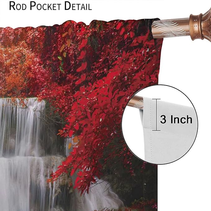 Red Forest Waterfall Blackout Windows Curtains, Tree Landscape Woodland Scenic Nature Fall Scenery Art Printed Curtains, for Living Room Bedroom 72x63in 2 Panels
