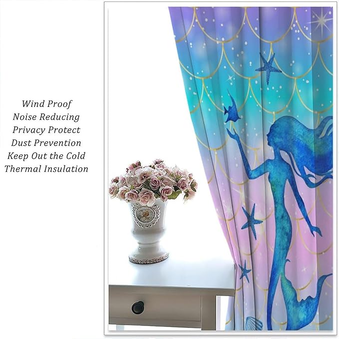 Mermaid Scale Curtains for Kids Girls Magic Gradient Mermaid Fish Scale Pattern Decoration Bedroom Nursery Curtains 42x54 Inch