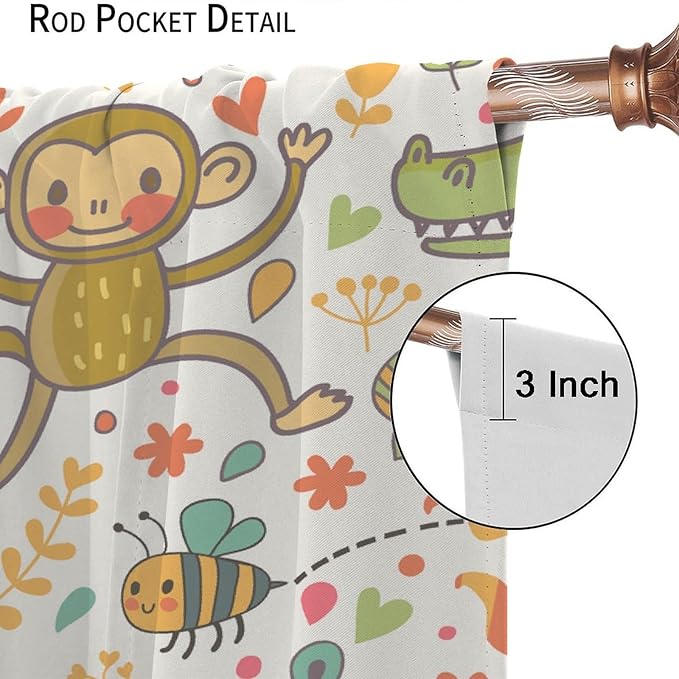 Cute Monkeys Curtains, Zoo Theme Cartoon Funny Animals Crocodile Giraffe Turtle with Flowers Print Thermal Insulation Window Drapes for Kids Boys Girls Baby Bedroom Living Room 84x84in