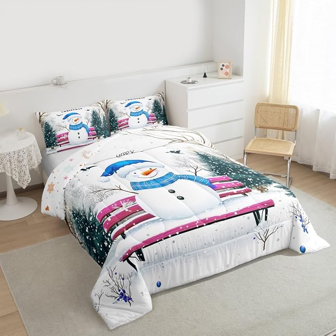 Feelyou Merry Christmas Bedding Set Soft for Boys Girls, Cute Snowman Comforter Set Full Size Snowflake Duvet Quilt Microfiber Christmas Tree Bedroom Decor 3 Pcs with 2 Pillow Cases