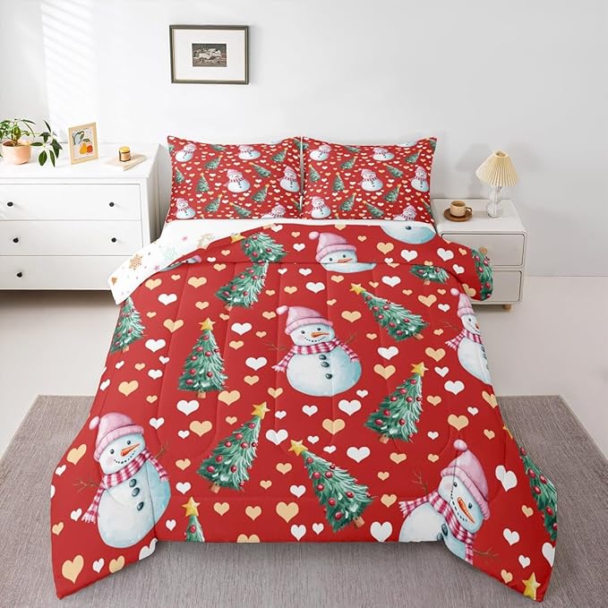 Feelyou Merry Christmas Comforter Set Queen Size Cute Snowman Bedding Set for Kids Boys Girls Christmas Tree Duvet Quilt Love Hearts Microfiber 3 Pcs with 2 Pillow Cases