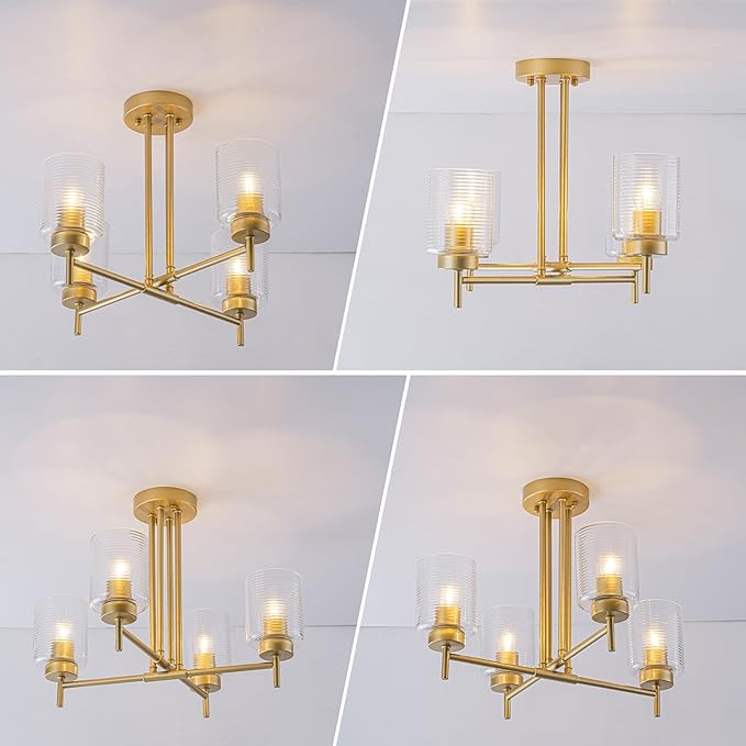 Gold Sputnik Semi Flush Mount Ceiling Light Fixture 4-Light Modern Sputnik Chandelier with Striped Glass Shade for Living Room Dining Room Kitchen Island Bedroom Hallway Entryway Foyer