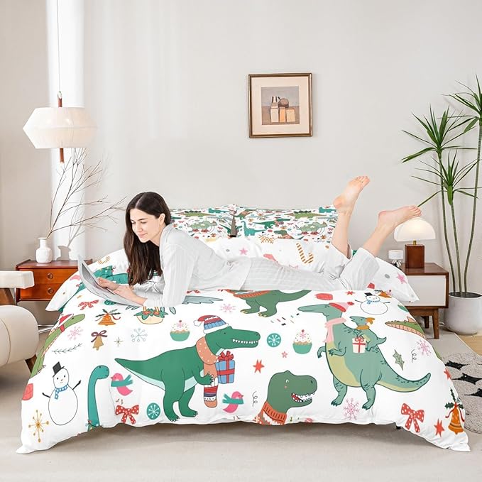 Christmas Dinosaur Decorative Comforter Cover Full Size Cartoon Snowman Duvet Cover Xmas Bow Snowflake Bedding Set Gifts for Kids Boys Girls 2 Pillow Cases