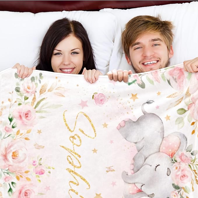 Elephant Blanket Personalized Baby with Name for Girl, Custom for Newborn Soft Flannel Toddler Customized Gift for Birthday Christmas Shower 30'' X 40'', elephant Pink