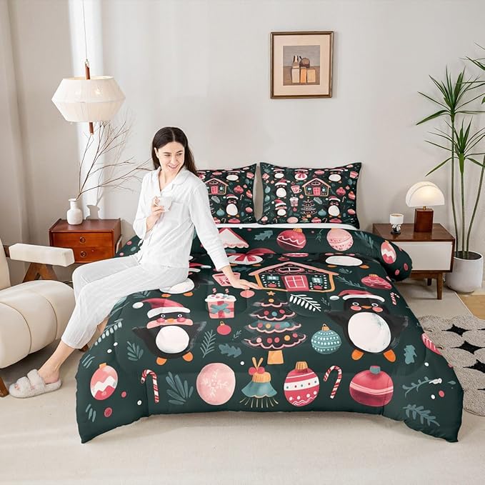 Feelyou Christmas Kids Comforter Set King Size Xmas Tree Ball Bedding Set Penguin Duvet Quilt for Kids Boys Girls Bedroom Gingerbread Houses Decor Microfiber Ultra Soft Breathable
