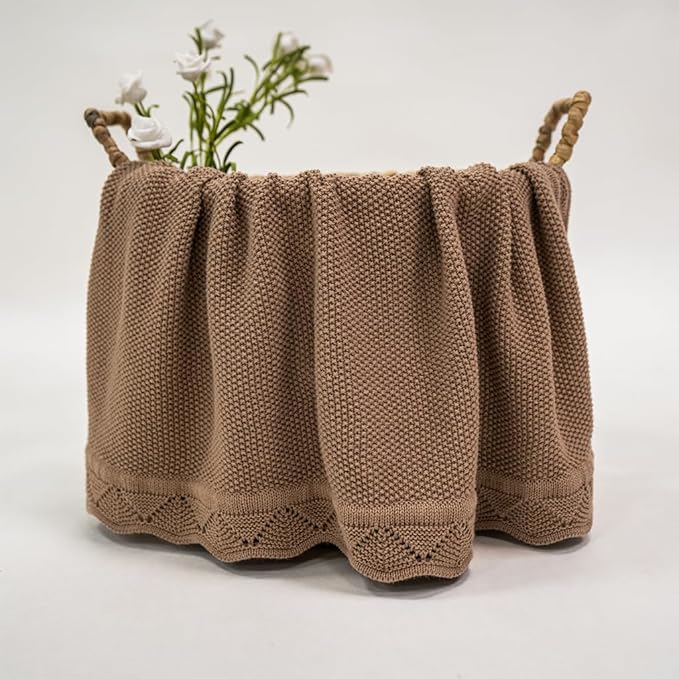Baby Knit Blanket Soft Breathable Cotton Scallop Border Blankets Newborn Knitted Blanket Swaddle Blankets Gifts for Baby Newborn Toddler Shower Boy Girl New Mom Birthday Christmas Mocha 30x30