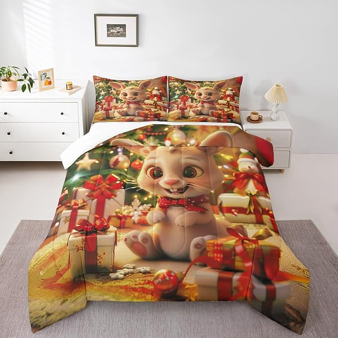 Cartoon Rabbit Comforter Set Twin Size,Merry Christmas Bedding Set for Kids Boys Girls Room Decor,Christmas Tree Star Snowflake Quilt Set 2Pcs,Cute Animal Xmas Fashion Duvet Insert,1 Pillowcase