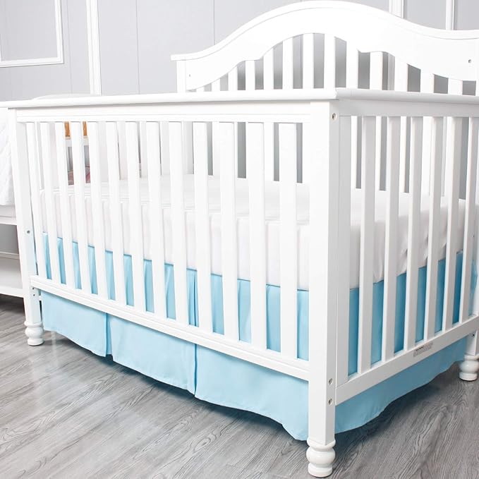 Belsden Blue Crib Skirt with Durable Woven Platform, Both Long Sides Pleated, Split Corners Dust Ruffle for Easy Placement Inside of Standard Crib Bed, 14 inches (36cm) Length Drop, Blue