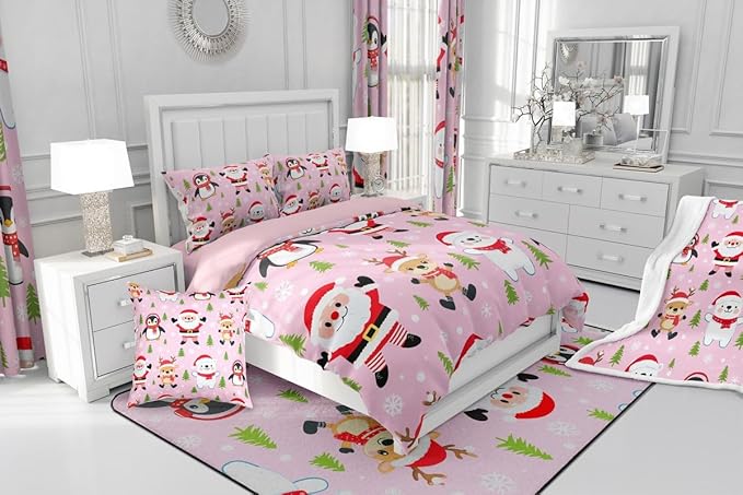 Feelyou Pink Christmas Bedding Set Soft for Boys Girls, Santa Claus Comforter Set Queen Size Penguin Deer Duvet Quilt Microfiber Xmas Snowflake Tree Bedroom Decor 3 Pcs with 2 Pillow Cases