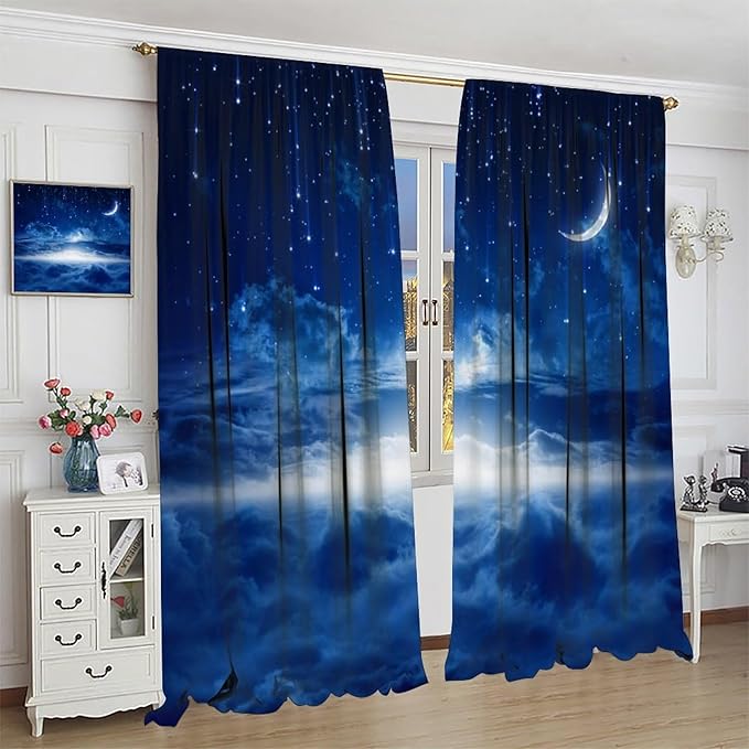 Star Night Sky Blackout Curtains, Moon Foggy Clouds Landscape Theme Print Window Drapes for Kids Girls Bedroom Living Room 63" W X 63" L