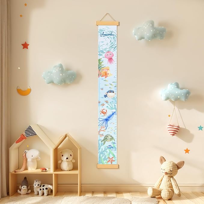 Personalized Name Growth Chart for Wall, Painted Marine Animals Canvas Height Chart for Kids Baby Child Toddler, Canvas Growth Chart for Wall Nursery Decor, Hangable & Waterproof
