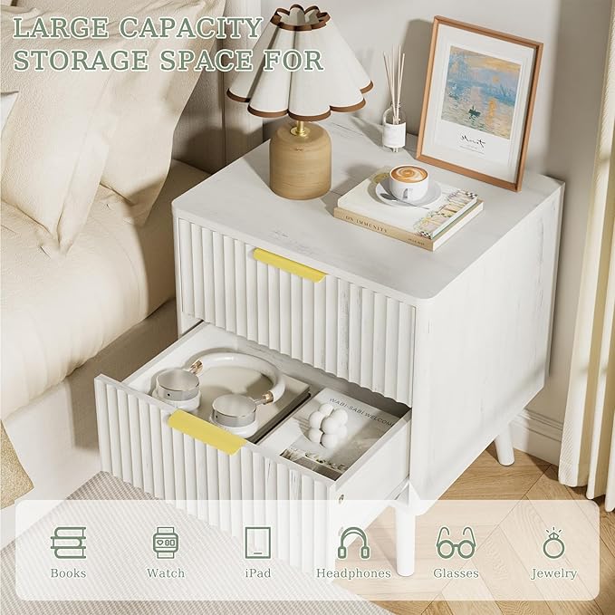 LYNSOM Fluted Dresser and Nightstand Sets 2 Piece, 2-Drawer Nightstands and 7-Drawers Dresser, Wood Bedroom Furniture Set for Home, Bedroom, Hallway, White