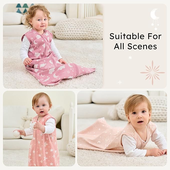 Baby Sleep Sack 0-6 months, 100% Cotton Sleeping Sack for Newborn and Infant, 3 Pack Baby Wearable Blanket, 0.5 Tog Lightweight Double Zipper Sleep Bag Small Pink Stars Moon