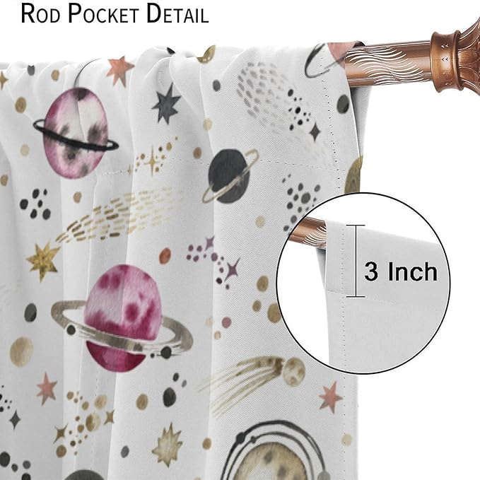 Kids Outer Space Curtains, Cartoon Galaxy Planet Universe Starry Starts Printed Window Drapes for Boys Girls Teens Bedroom Nursery 72" W X 63" L