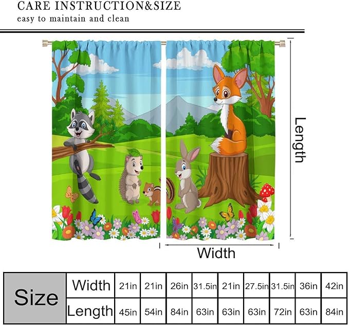 Safari Animal Curtains for Kids Cartoon Woodland Wildlife Jungle Animals Window Treatments for Boys Girls Bedroom Cute Fox Forest Nursery Children Drapes for Living Room W42xL63