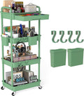 4 Tier Rolling Utility Cart with Drawer, Plastic Storage Organizer Rolling Carts with Wheels Handles Hanging Cups Hooks for Office, Bathroom, Kitchen,Craft Art Room (Green)