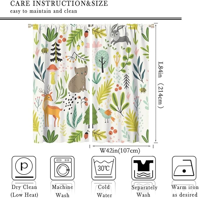 Kid Forest Animal Curtains,Woodland Animal Cartoon Watercolor Forest Hedgehog Fox Toddler Boys Girls Bedroom Living Room Window Drapes 84x84in