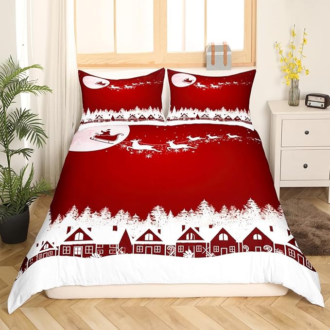 New Year Red Duvet Cover Set Full Size, Reindeer Santa Claus Comforter Cover Christmas Day Bedding Set 3pcs for Kids Boys Girls Room Decor Winter Theme Quilt Cover with 2 Pillowcases,No Comforter