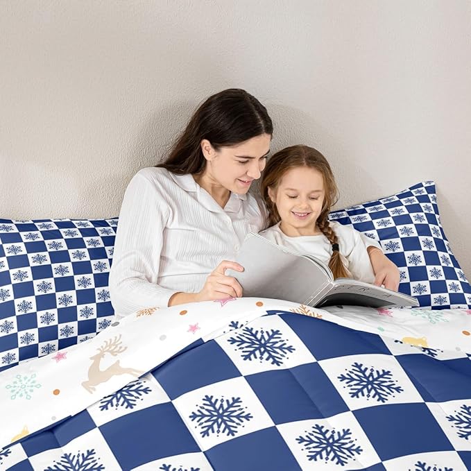 Feelyou Christmas Bedding Set Soft for Boys Girls, Checkered Comforter Set Toddler Size Snowflake Duvet Quilt Microfiber Xmas Decorations Bedroom Decor Blue 2 Pcs with 1 Pillow Cases