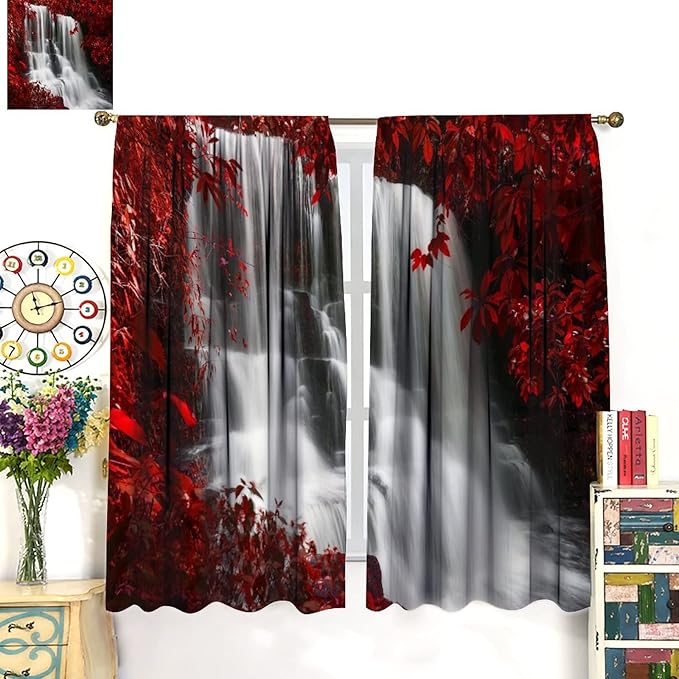 Red Forest Waterfall Blackout Windows Curtains, 2 Panels, 42x54in, Red & Black, Rustic Style, Rod Pocket Top, Suitable for Bedroom, Living Room
