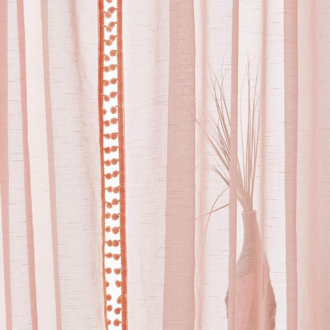Treatmentex Pom-Pom Sheer Curtains for Girls Bedroom 63" Sheers for Living Room Window Drapes 52" w 2pack Blush Pink Rod Pocket