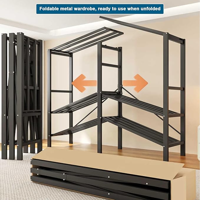 FPIGSHS Heavy Duty Clothes Rack with Cover Foldable Covered Clothes Rack for Hanging Clothes portable Wardrobe Closet System Freestanding Coat Storage Garment Racks for bedroom (black, 75in)