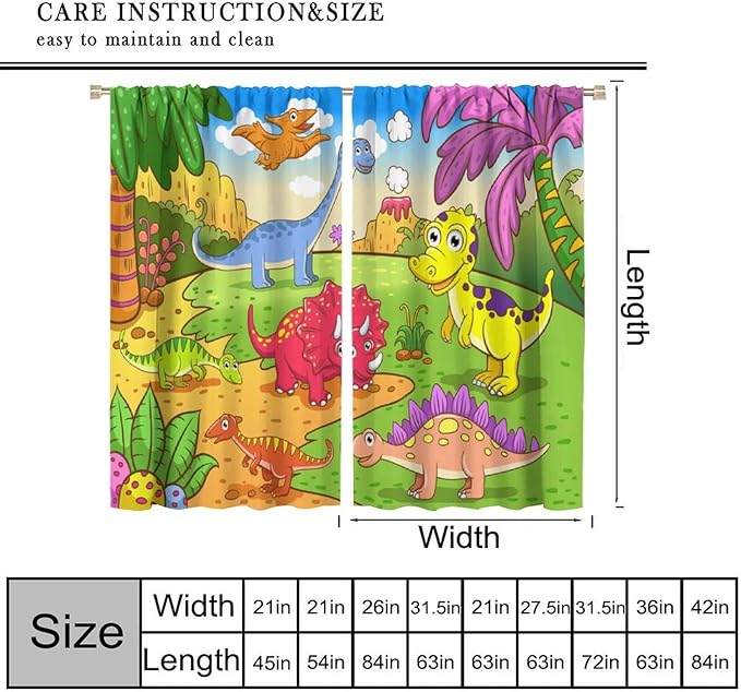 Cute Dinosaur Curtains, Colorful Cartoon Dino Pattern Blackout Window Treatments, Rod Pocket Thermal Insulated Drapes 2 Panel Sets for Kids Bedroom Nursery Classroom, 42" W X 54" L